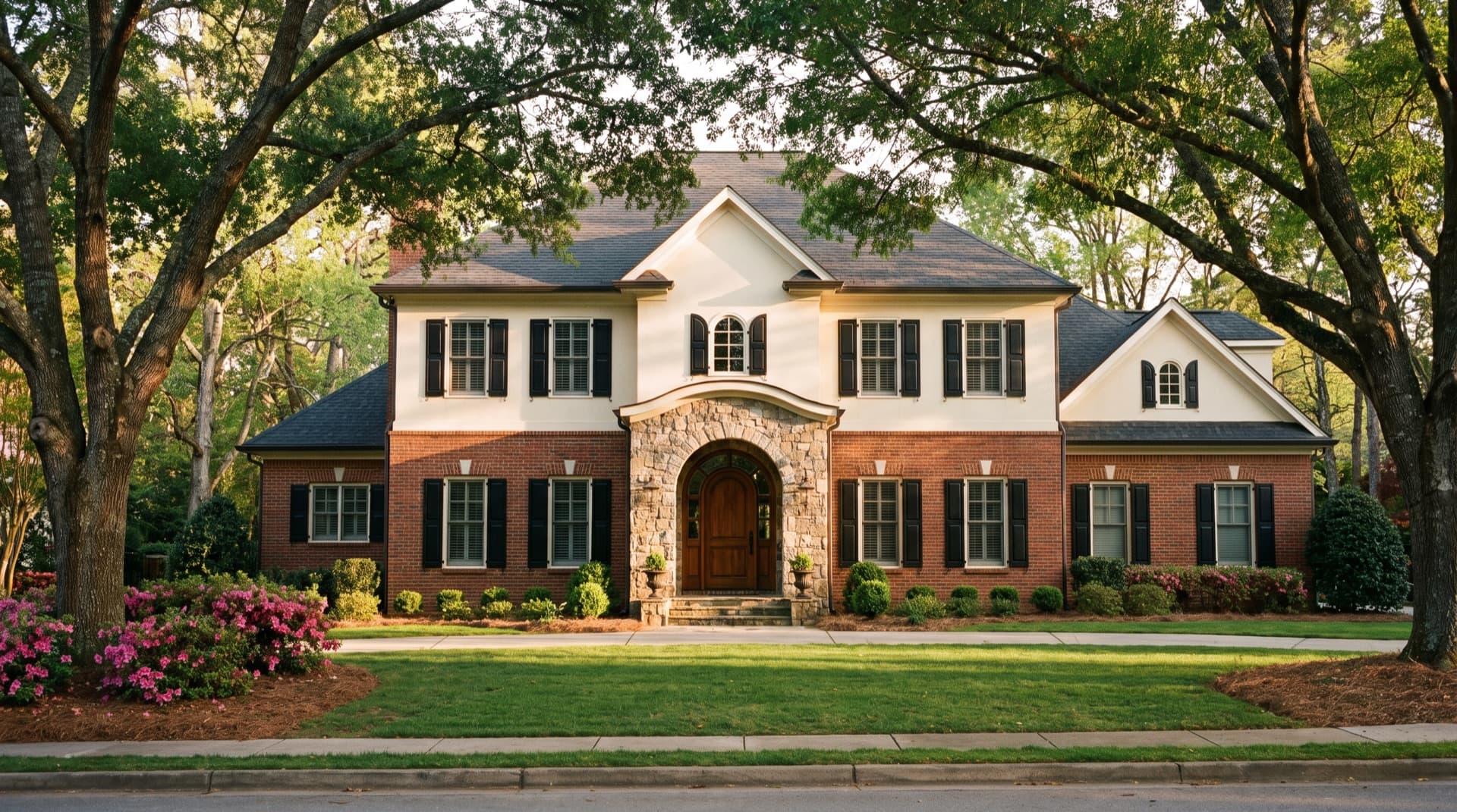 Brick and stucco two-story home on a tree-lined Alpharetta, Georgia street