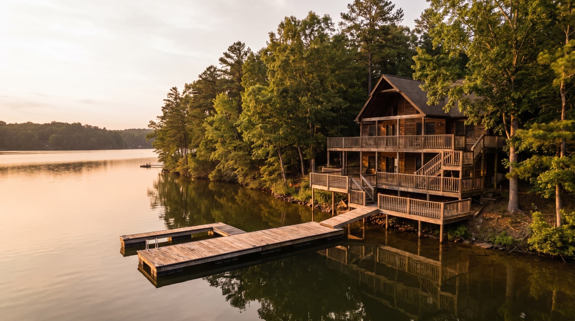 Lake Lanier home with a wood deck and railings in Buford, Georgia