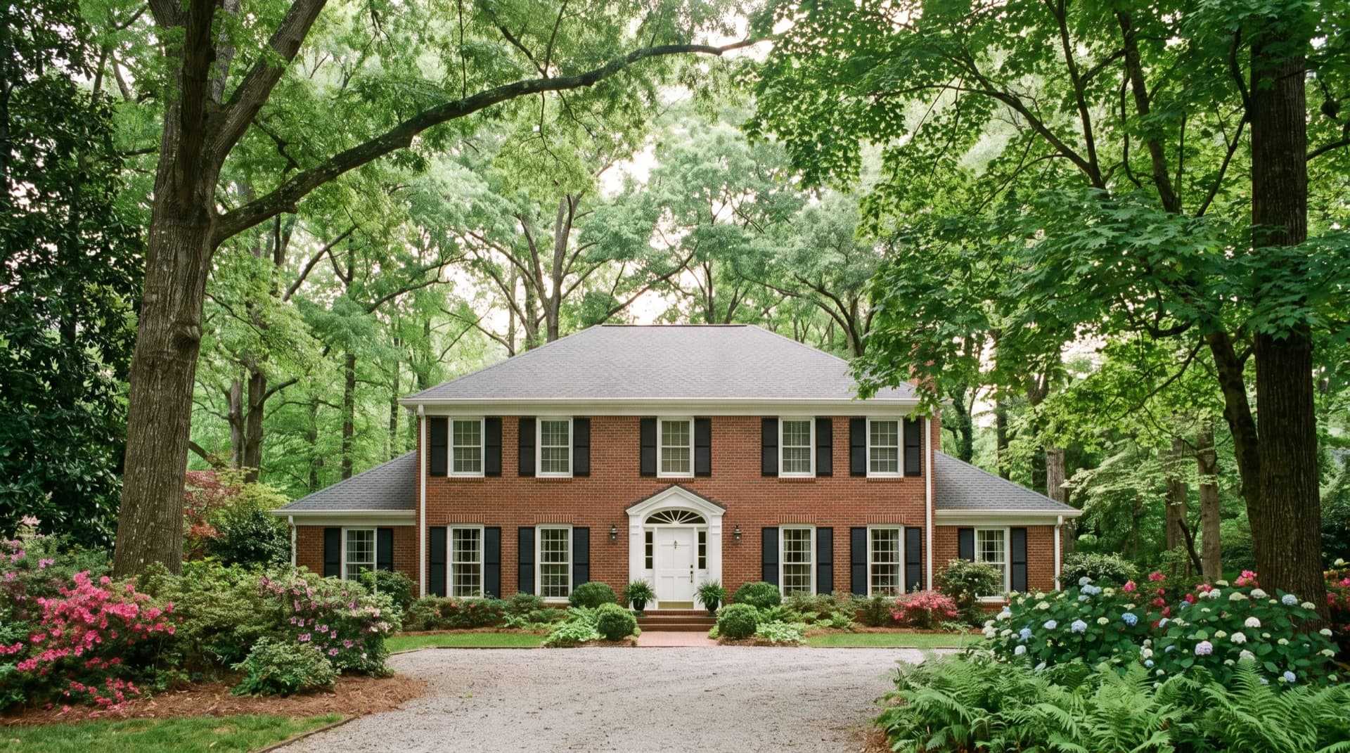 Two-story colonial home with painted trim and shutters under heavy tree canopy in Dunwoody, Georgia