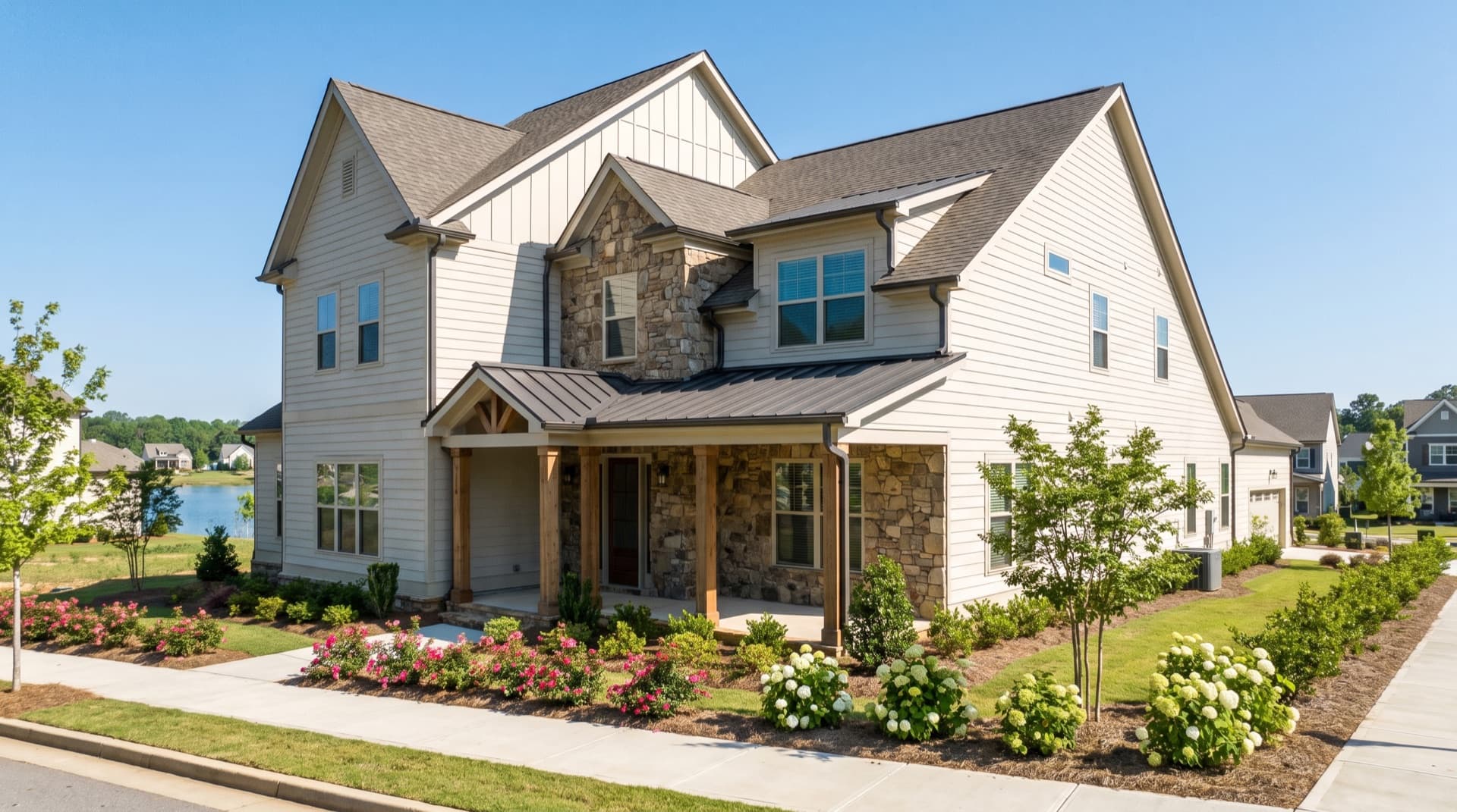 Newer subdivision home with fiber cement siding near Lake Lanier in Flowery Branch, Georgia