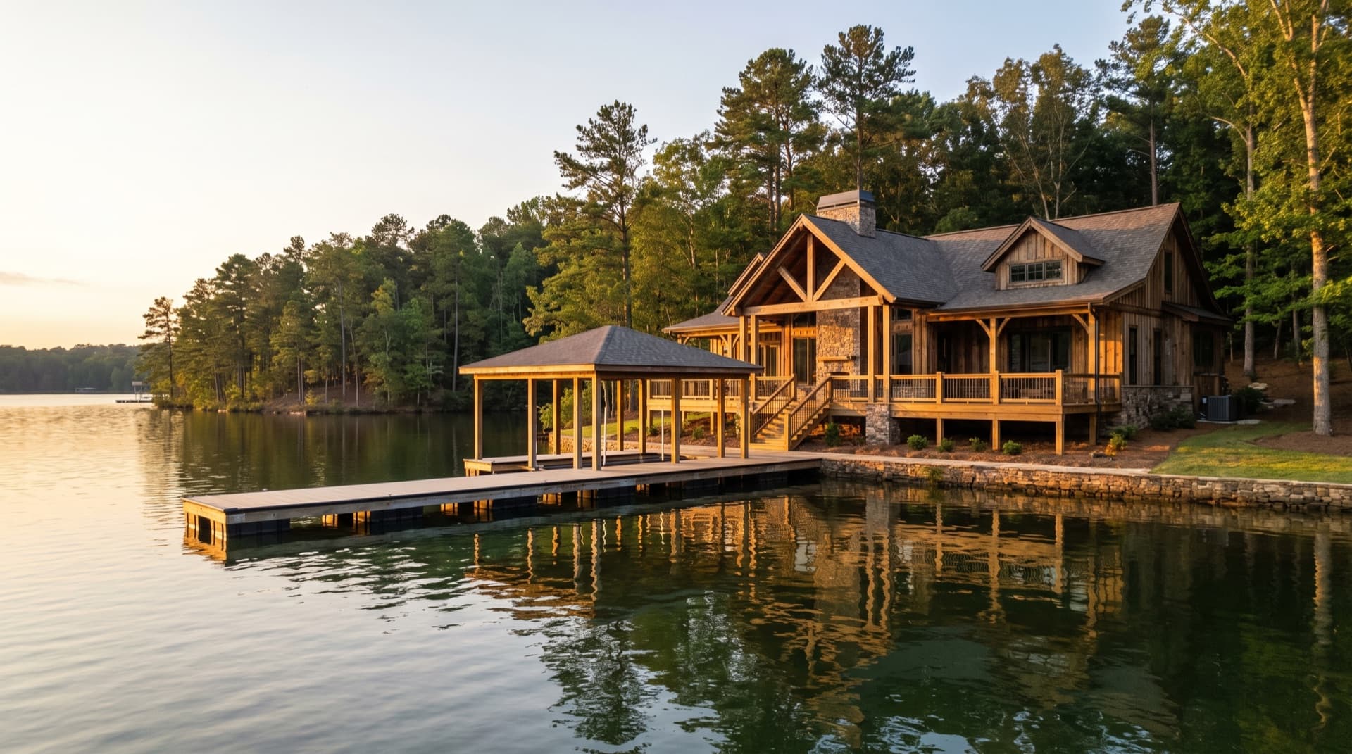 Lakefront home with a wood dock and deck on Lake Lanier near Gainesville, Georgia