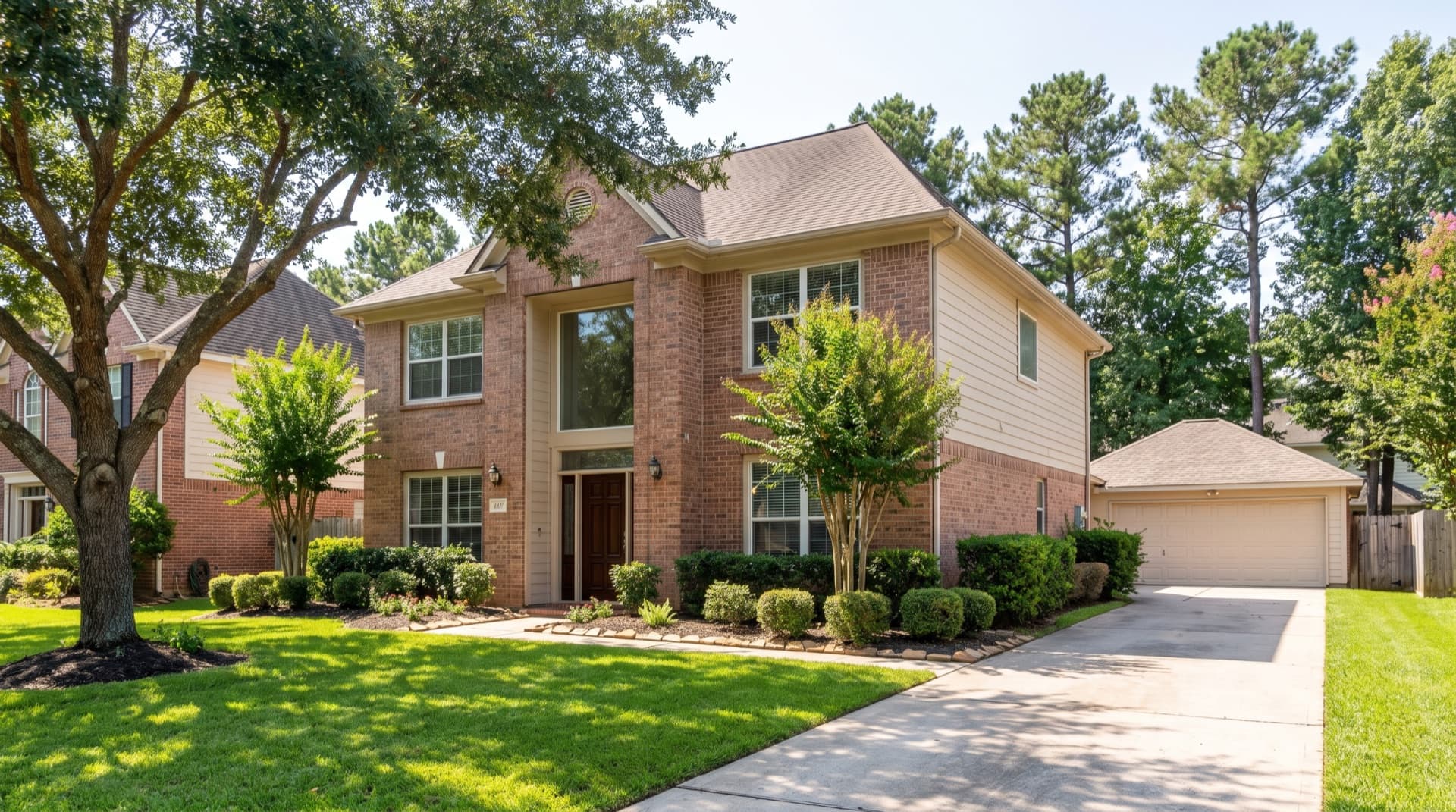 Brick-front two-story home with siding and a tall foyer in Johns Creek, Georgia