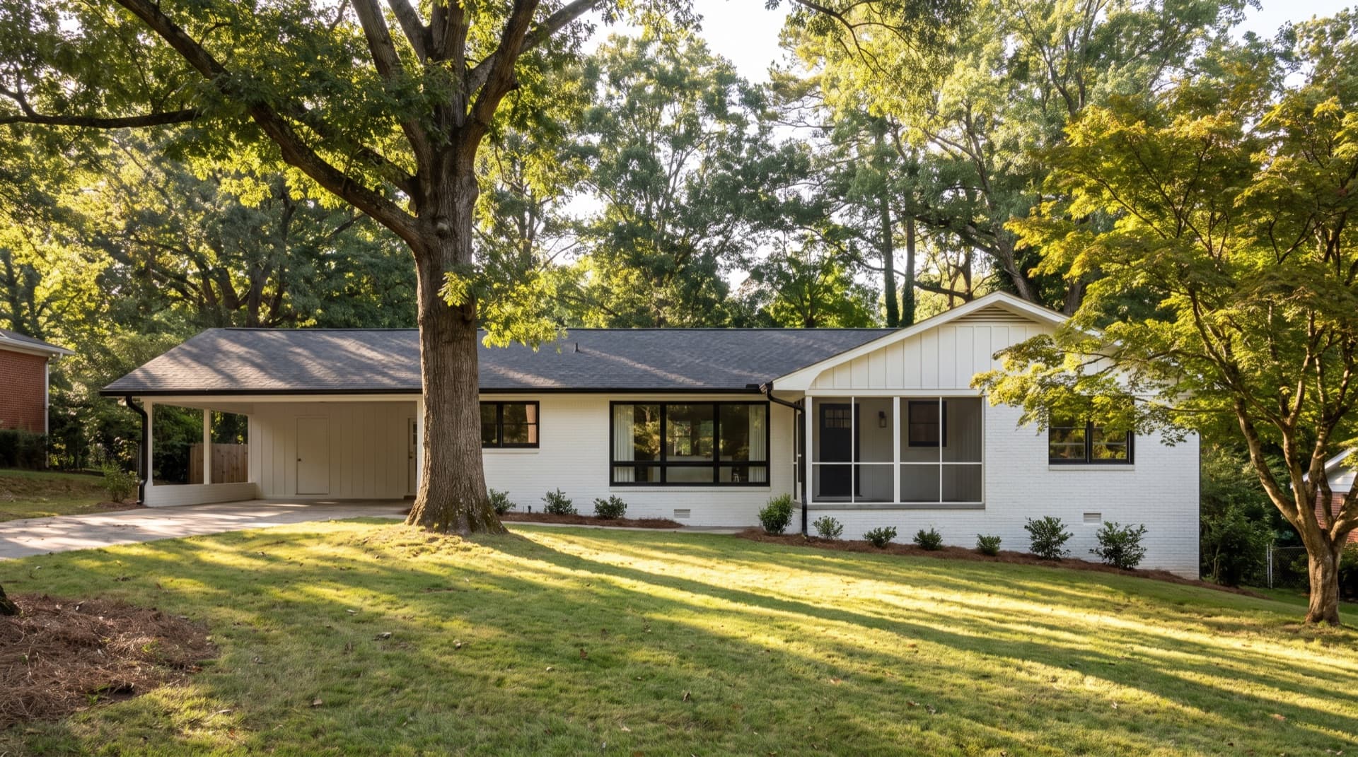Painted brick ranch home with mature trees in Marietta, Georgia