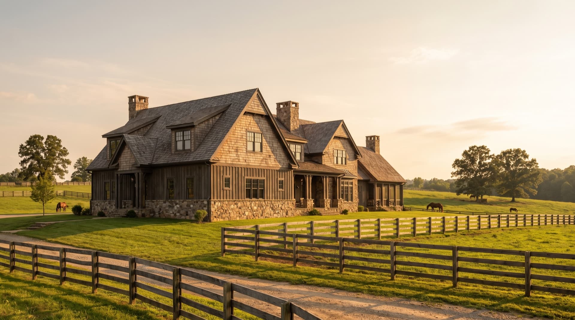Estate home with cedar shake gables and stone accents on acreage in Milton, Georgia