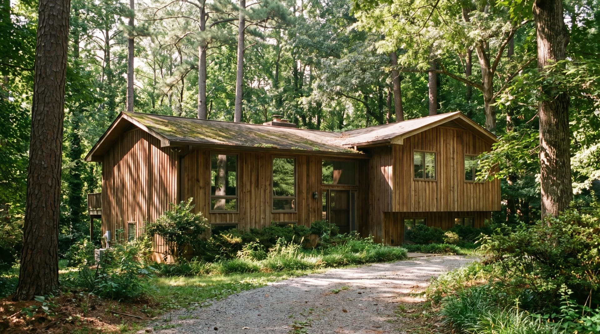Mid-century ranch home with cedar siding and mature trees in Peachtree Corners, Georgia
