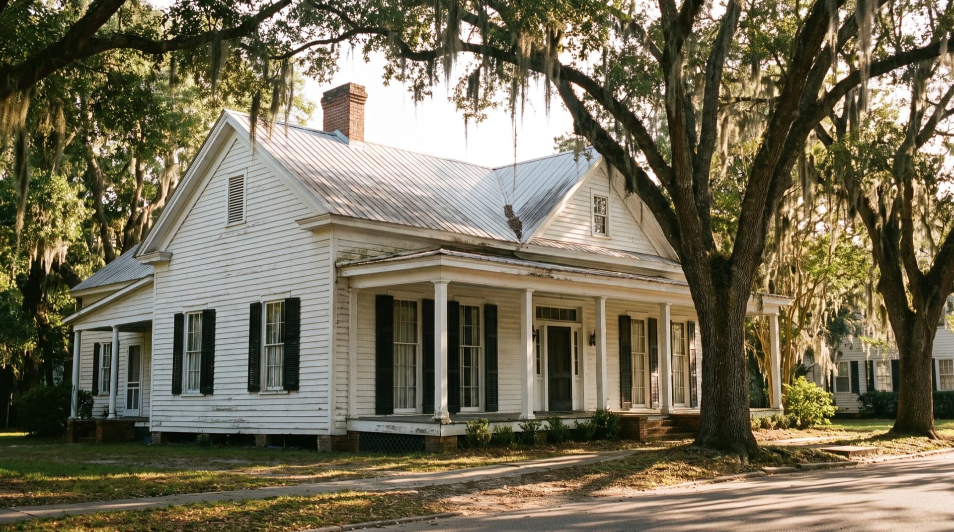 Historic white wood-sided home with a covered porch in Roswell, Georgia