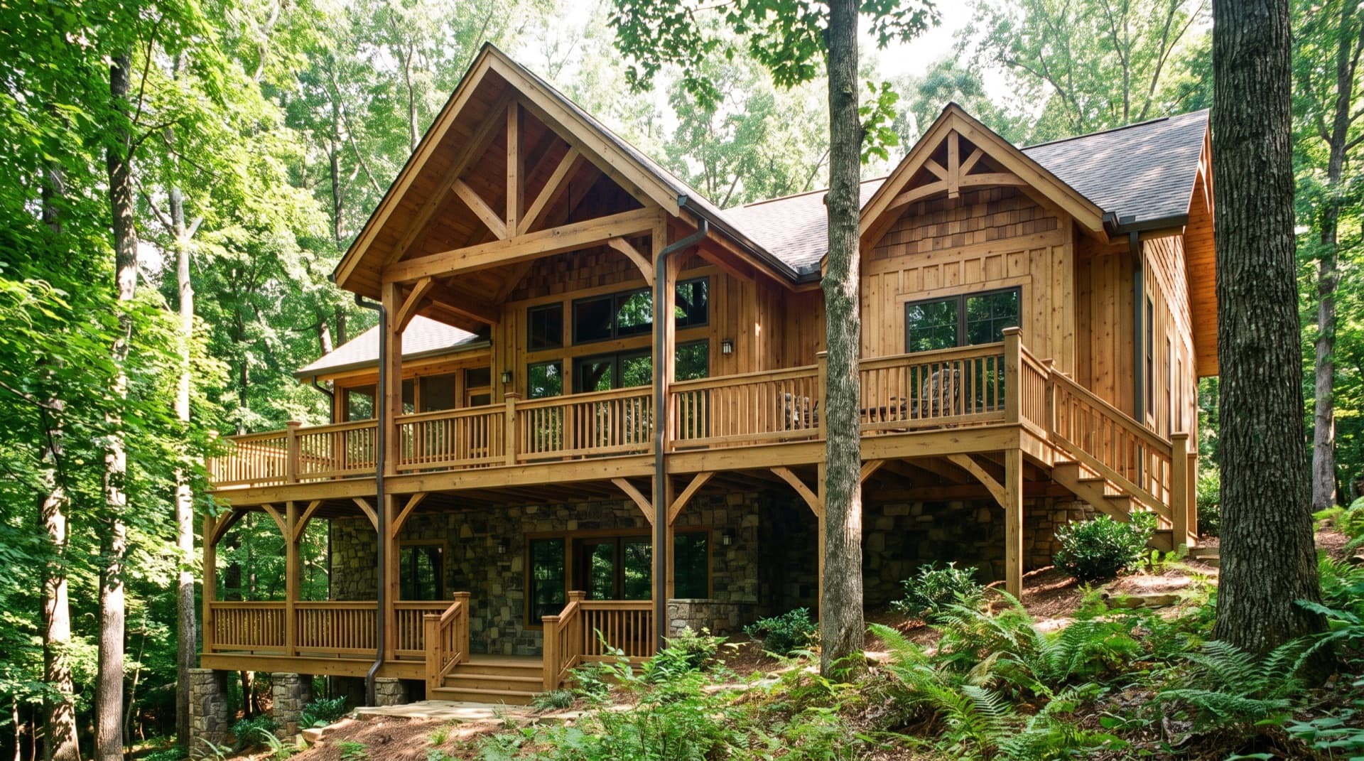 Craftsman home on a sloped lot with a two-story rear deck in Woodstock, Georgia